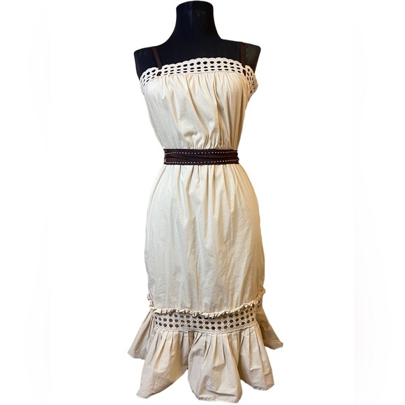 BCBG Beige Cotton Blend Sleeveless Midi Ruffle Dress - Picture 5 of 16